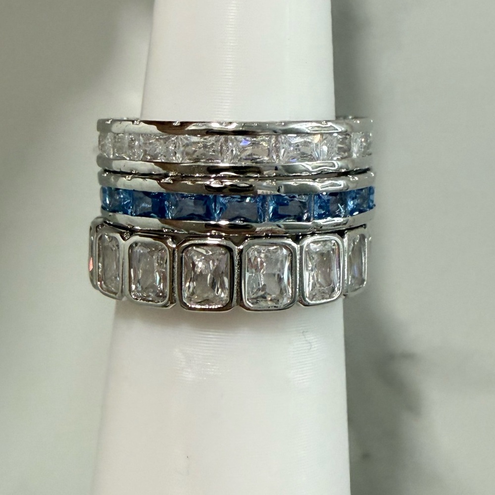 Bomb Party Silver and Blue Cubic Zirconia Stackable Ring Set